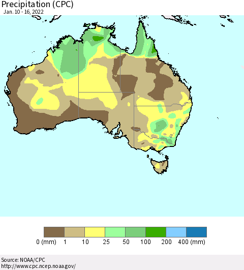 Australia Precipitation (CPC) Thematic Map For 1/10/2022 - 1/16/2022