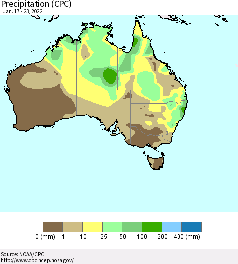 Australia Precipitation (CPC) Thematic Map For 1/17/2022 - 1/23/2022
