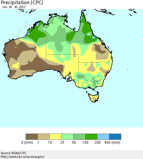 Australia Precipitation (CPC) Thematic Map For 1/24/2022 - 1/30/2022