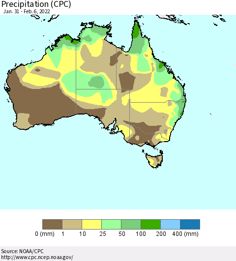 Australia Precipitation (CPC) Thematic Map For 1/31/2022 - 2/6/2022