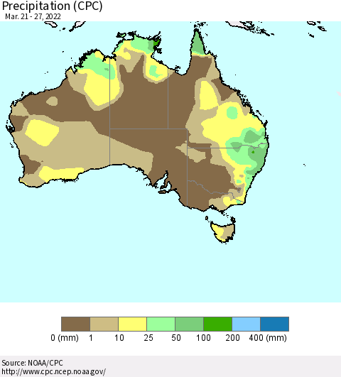Australia Precipitation (CPC) Thematic Map For 3/21/2022 - 3/27/2022