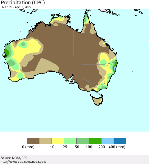 Australia Precipitation (CPC) Thematic Map For 3/28/2022 - 4/3/2022