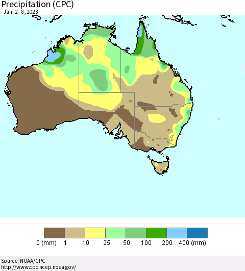 Australia Precipitation (CPC) Thematic Map For 1/2/2023 - 1/8/2023