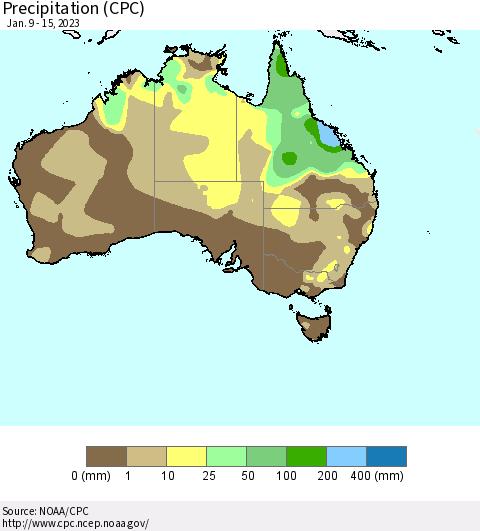 Australia Precipitation (CPC) Thematic Map For 1/9/2023 - 1/15/2023