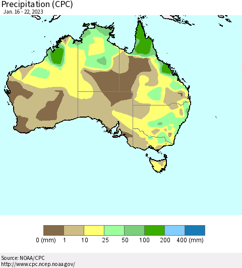 Australia Precipitation (CPC) Thematic Map For 1/16/2023 - 1/22/2023