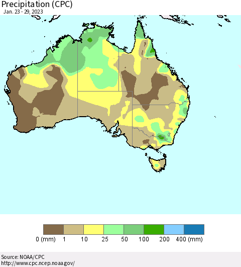 Australia Precipitation (CPC) Thematic Map For 1/23/2023 - 1/29/2023