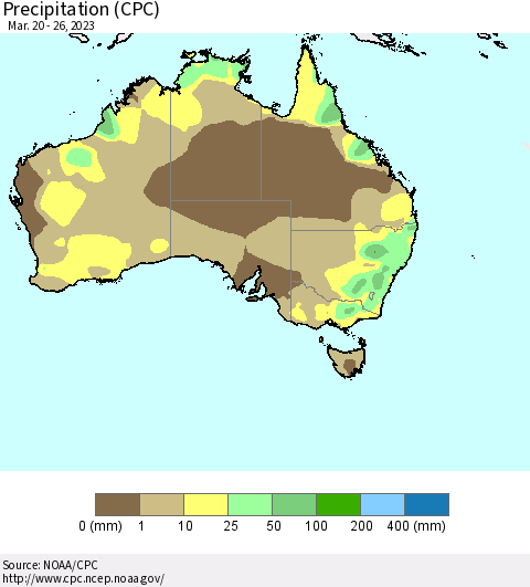 Australia Precipitation (CPC) Thematic Map For 3/20/2023 - 3/26/2023