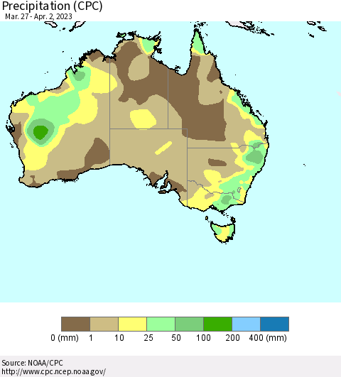 Australia Precipitation (CPC) Thematic Map For 3/27/2023 - 4/2/2023