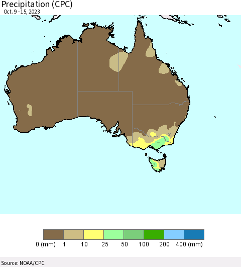 Australia Precipitation (CPC) Thematic Map For 10/9/2023 - 10/15/2023