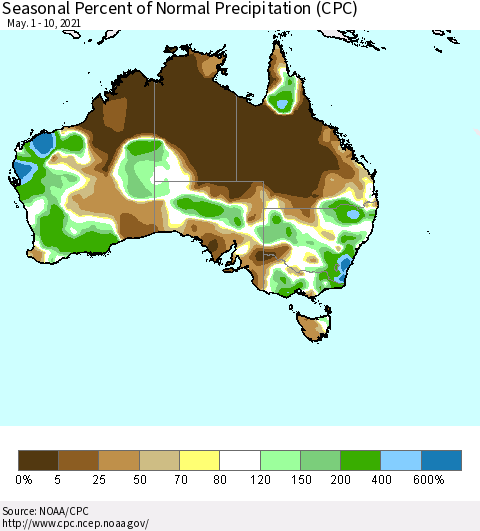 Australia Seasonal Percent of Normal Precipitation (CPC) Thematic Map For 5/1/2021 - 5/10/2021
