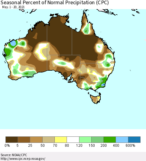 Australia Seasonal Percent of Normal Precipitation (CPC) Thematic Map For 5/1/2021 - 5/20/2021