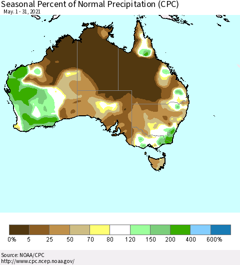 Australia Seasonal Percent of Normal Precipitation (CPC) Thematic Map For 5/1/2021 - 5/31/2021