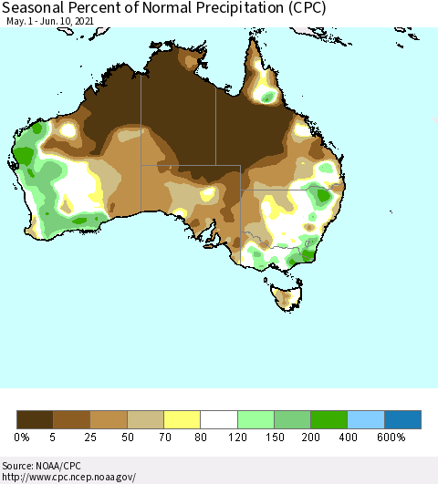 Australia Seasonal Percent of Normal Precipitation (CPC) Thematic Map For 5/1/2021 - 6/10/2021
