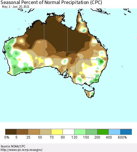 Australia Seasonal Percent of Normal Precipitation (CPC) Thematic Map For 5/1/2021 - 6/20/2021