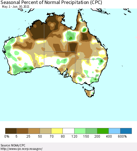 Australia Seasonal Percent of Normal Precipitation (CPC) Thematic Map For 5/1/2021 - 6/30/2021