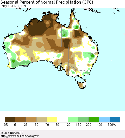 Australia Seasonal Percent of Normal Precipitation (CPC) Thematic Map For 5/1/2021 - 7/10/2021