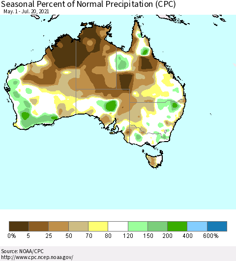 Australia Seasonal Percent of Normal Precipitation (CPC) Thematic Map For 5/1/2021 - 7/20/2021