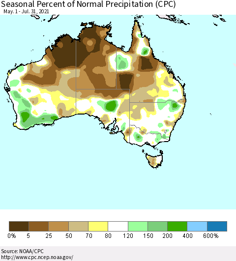 Australia Seasonal Percent of Normal Precipitation (CPC) Thematic Map For 5/1/2021 - 7/31/2021