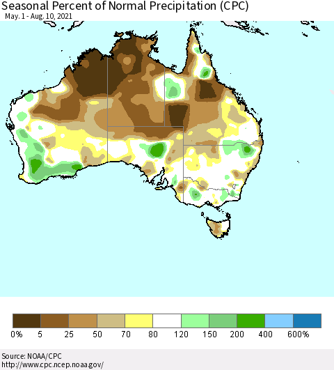 Australia Seasonal Percent of Normal Precipitation (CPC) Thematic Map For 5/1/2021 - 8/10/2021