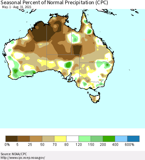 Australia Seasonal Percent of Normal Precipitation (CPC) Thematic Map For 5/1/2021 - 8/31/2021