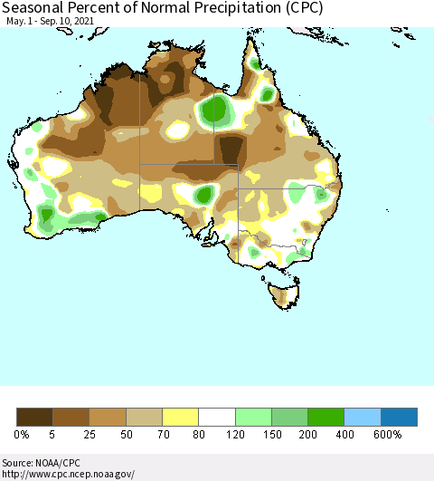 Australia Seasonal Percent of Normal Precipitation (CPC) Thematic Map For 5/1/2021 - 9/10/2021