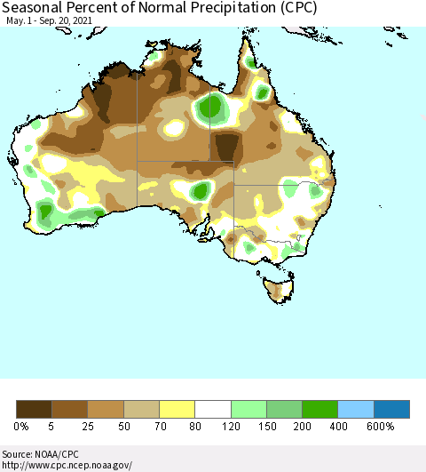 Australia Seasonal Percent of Normal Precipitation (CPC) Thematic Map For 5/1/2021 - 9/20/2021