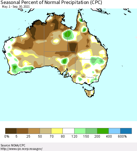 Australia Seasonal Percent of Normal Precipitation (CPC) Thematic Map For 5/1/2021 - 9/30/2021