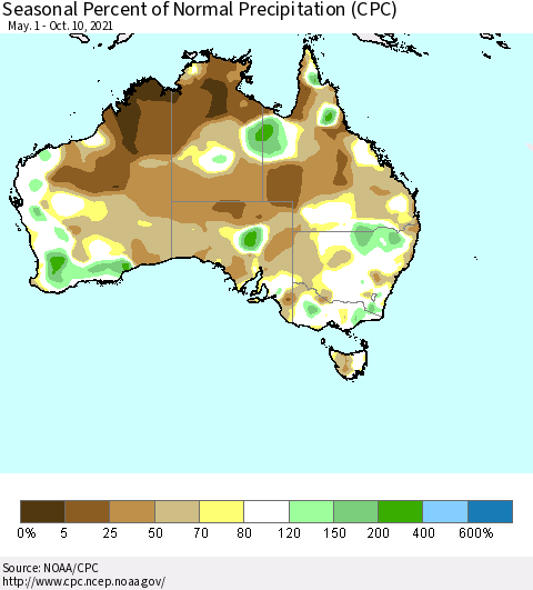 Australia Seasonal Percent of Normal Precipitation (CPC) Thematic Map For 5/1/2021 - 10/10/2021