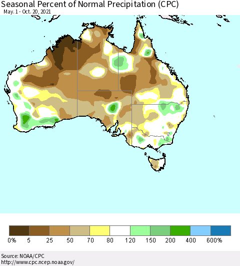 Australia Seasonal Percent of Normal Precipitation (CPC) Thematic Map For 5/1/2021 - 10/20/2021