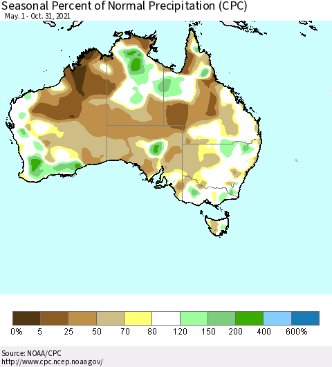 Australia Seasonal Percent of Normal Precipitation (CPC) Thematic Map For 5/1/2021 - 10/31/2021