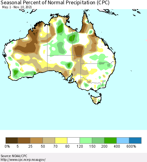 Australia Seasonal Percent of Normal Precipitation (CPC) Thematic Map For 5/1/2021 - 11/10/2021