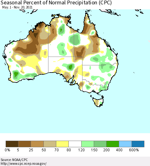 Australia Seasonal Percent of Normal Precipitation (CPC) Thematic Map For 5/1/2021 - 11/20/2021
