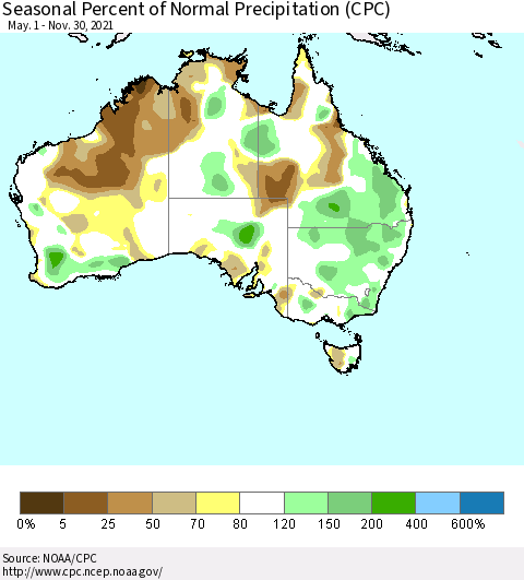 Australia Seasonal Percent of Normal Precipitation (CPC) Thematic Map For 5/1/2021 - 11/30/2021