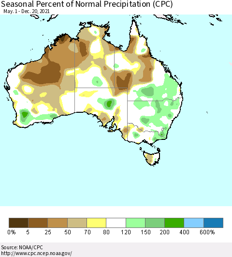 Australia Seasonal Percent of Normal Precipitation (CPC) Thematic Map For 5/1/2021 - 12/20/2021