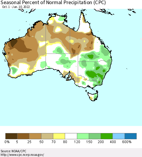 Australia Seasonal Percent of Normal Precipitation (CPC) Thematic Map For 10/1/2021 - 1/10/2022