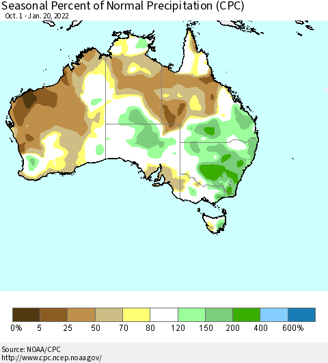 Australia Seasonal Percent of Normal Precipitation (CPC) Thematic Map For 10/1/2021 - 1/20/2022