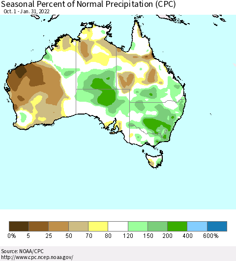 Australia Seasonal Percent of Normal Precipitation (CPC) Thematic Map For 10/1/2021 - 1/31/2022