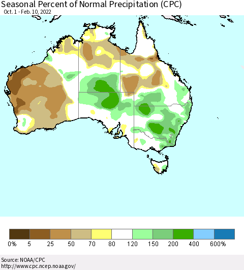 Australia Seasonal Percent of Normal Precipitation (CPC) Thematic Map For 10/1/2021 - 2/10/2022