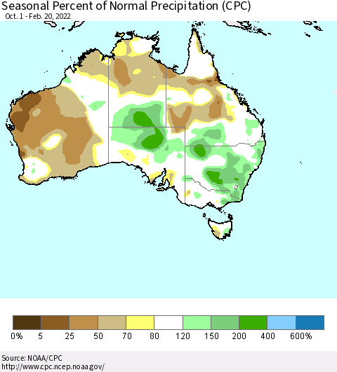 Australia Seasonal Percent of Normal Precipitation (CPC) Thematic Map For 10/1/2021 - 2/20/2022