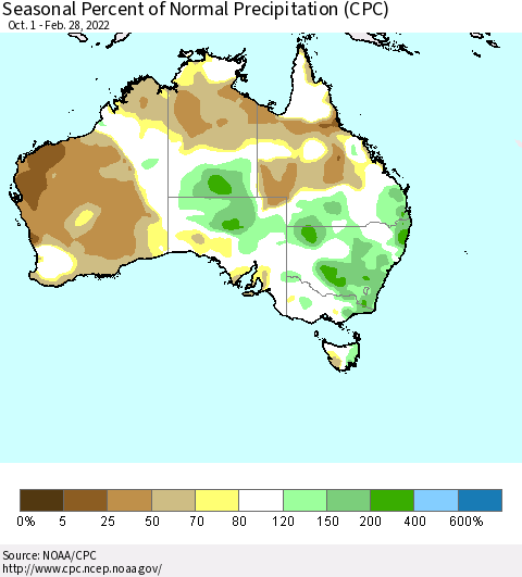 Australia Seasonal Percent of Normal Precipitation (CPC) Thematic Map For 10/1/2021 - 2/28/2022
