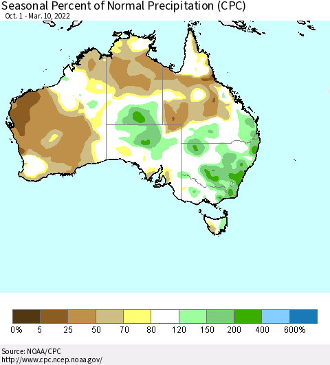 Australia Seasonal Percent of Normal Precipitation (CPC) Thematic Map For 10/1/2021 - 3/10/2022