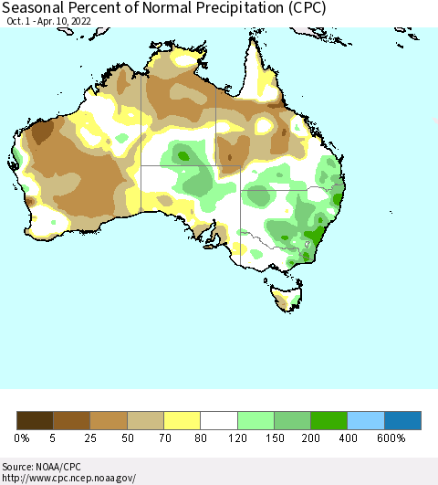 Australia Seasonal Percent of Normal Precipitation (CPC) Thematic Map For 10/1/2021 - 4/10/2022