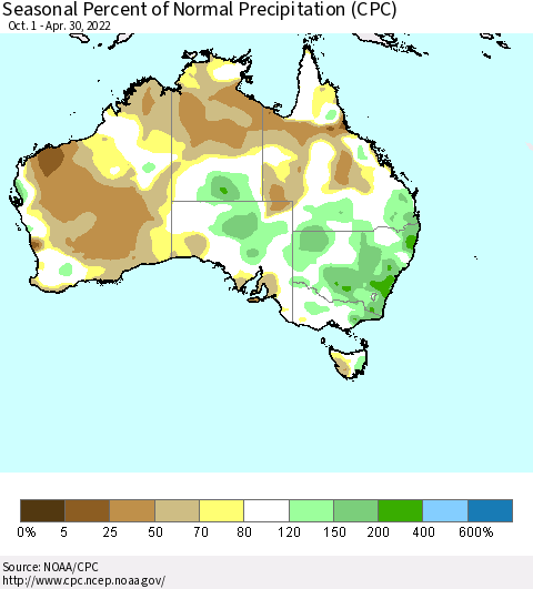 Australia Seasonal Percent of Normal Precipitation (CPC) Thematic Map For 10/1/2021 - 4/30/2022