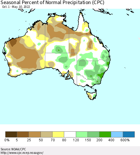 Australia Seasonal Percent of Normal Precipitation (CPC) Thematic Map For 10/1/2021 - 5/10/2022