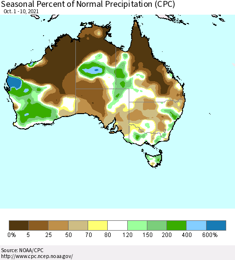 Australia Seasonal Percent of Normal Precipitation (CPC) Thematic Map For 10/1/2021 - 10/10/2021