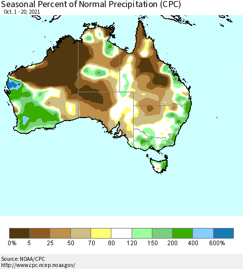Australia Seasonal Percent of Normal Precipitation (CPC) Thematic Map For 10/1/2021 - 10/20/2021