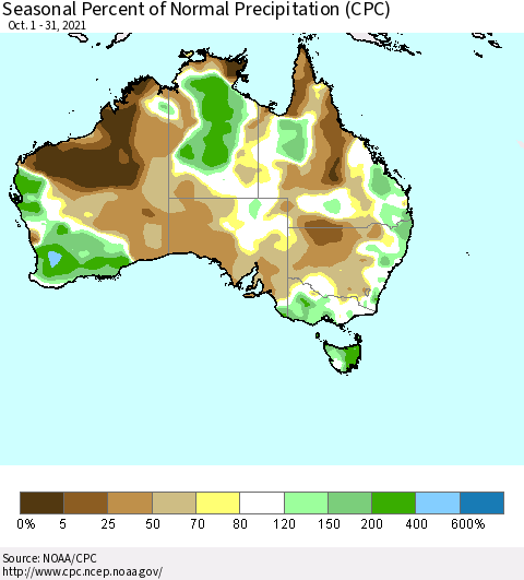 Australia Seasonal Percent of Normal Precipitation (CPC) Thematic Map For 10/1/2021 - 10/31/2021