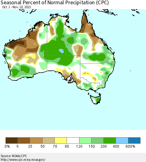 Australia Seasonal Percent of Normal Precipitation (CPC) Thematic Map For 10/1/2021 - 11/10/2021
