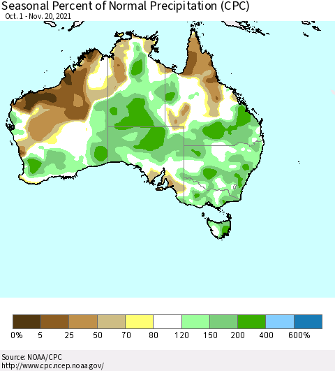 Australia Seasonal Percent of Normal Precipitation (CPC) Thematic Map For 10/1/2021 - 11/20/2021