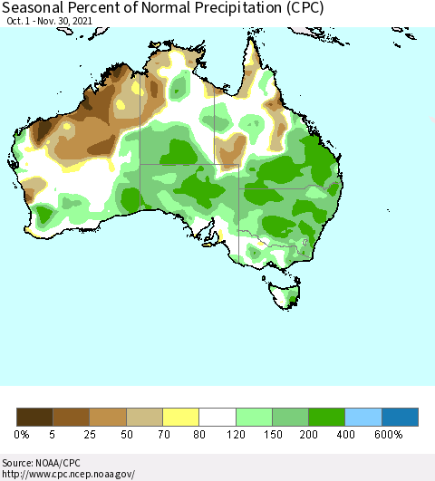 Australia Seasonal Percent of Normal Precipitation (CPC) Thematic Map For 10/1/2021 - 11/30/2021